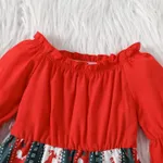 Christmas 2pcs Baby Girl Frill Off Shoulder Bell-sleeve Solid Spliced Print Dress with Headband Set  image 3