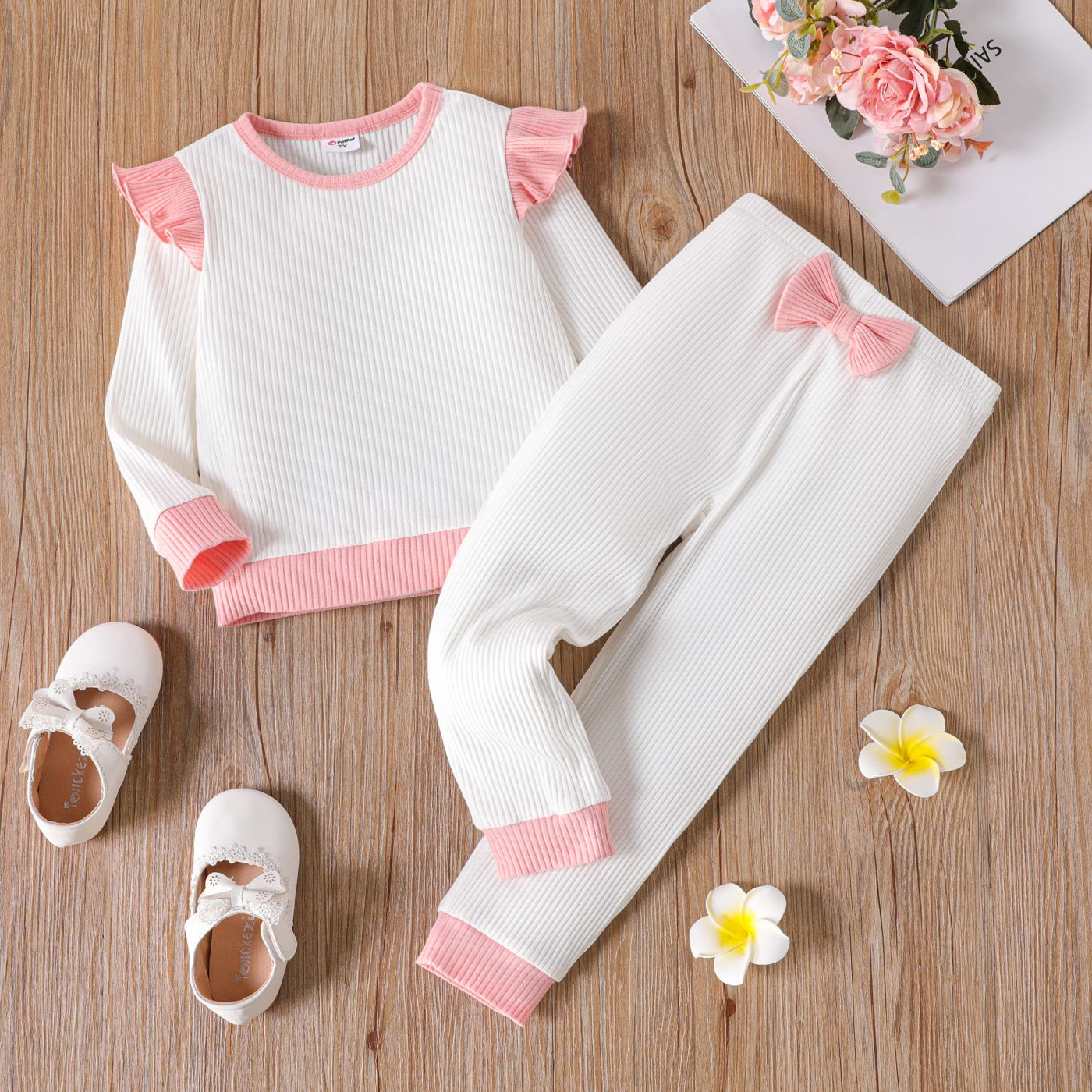 

2pcs Toddler Girl Ruffled Ribbed Colorblock Long-sleeve Tee and Bowknot Design Pants Set