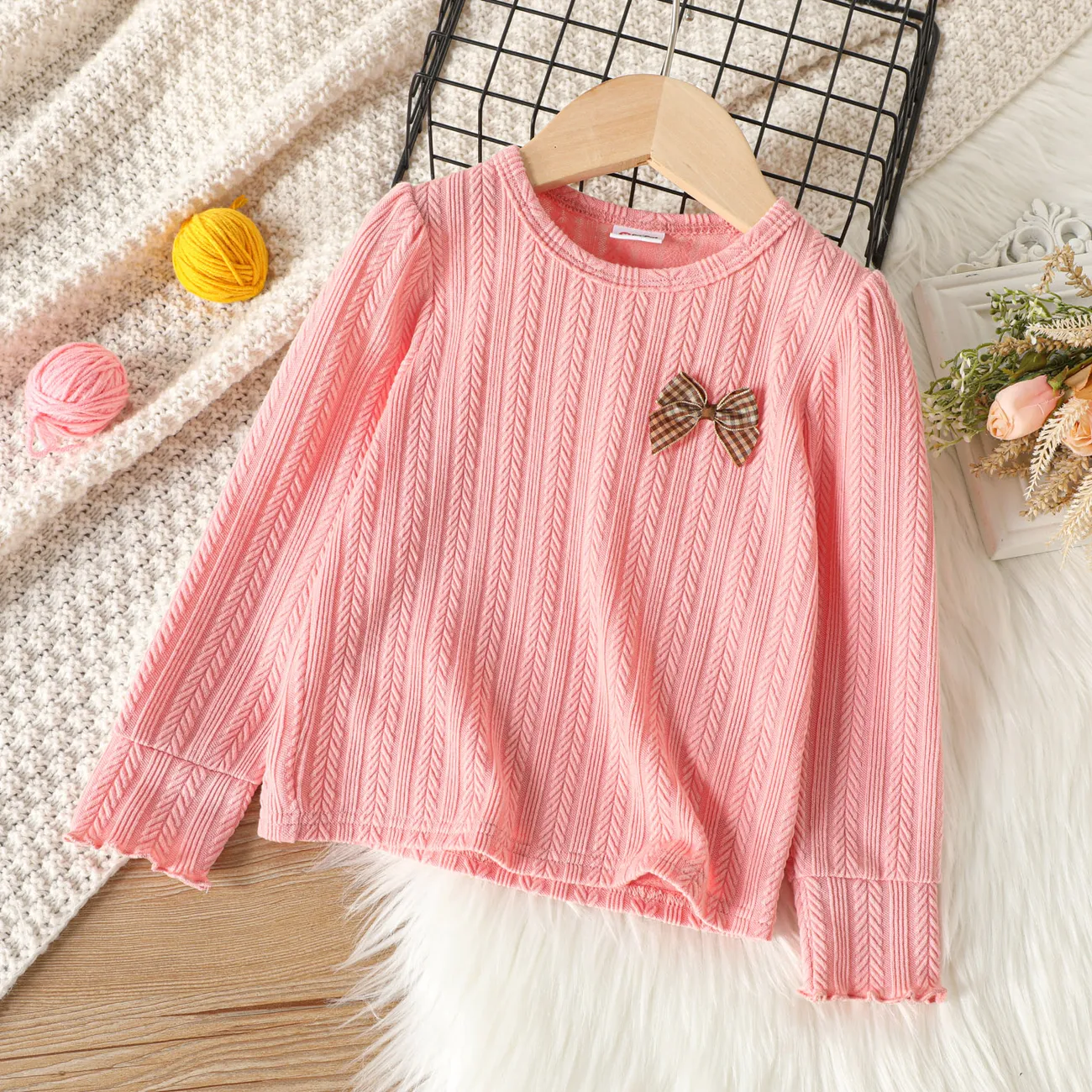 Toddler Girl Solid Color Bowknot Design Textured Long-sleeve Tee Light Pink big image 1