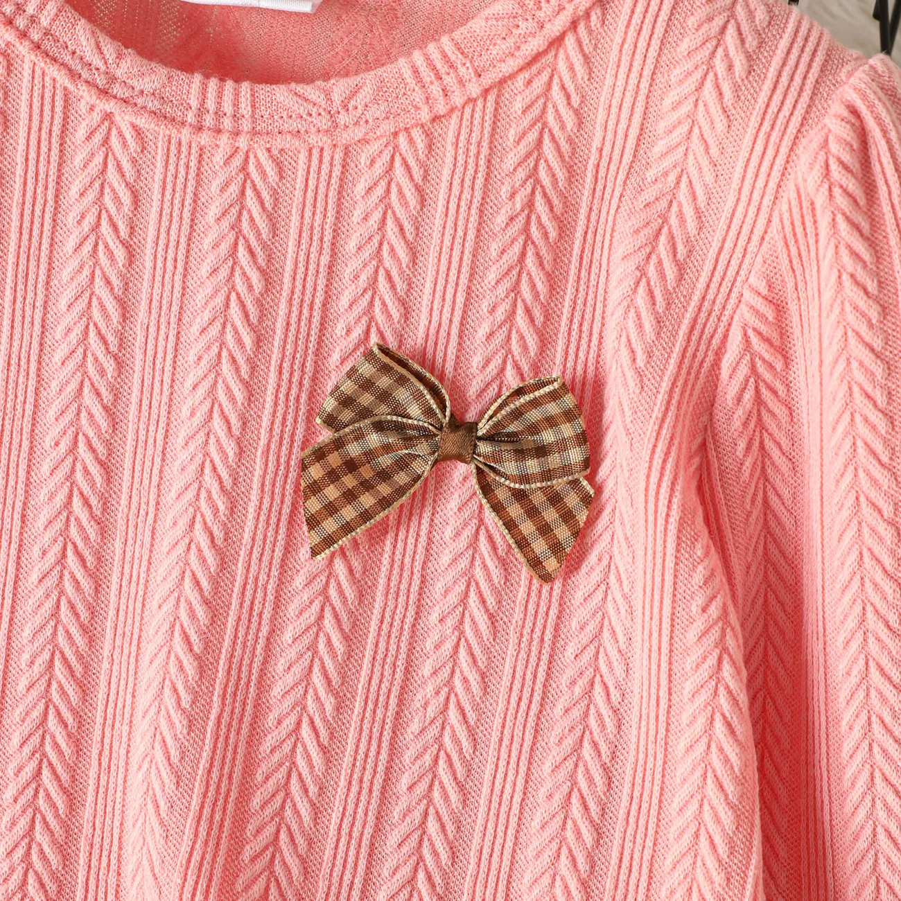 Toddler Girl Solid Color Bowknot Design Textured Long-sleeve Tee Light Pink big image 1