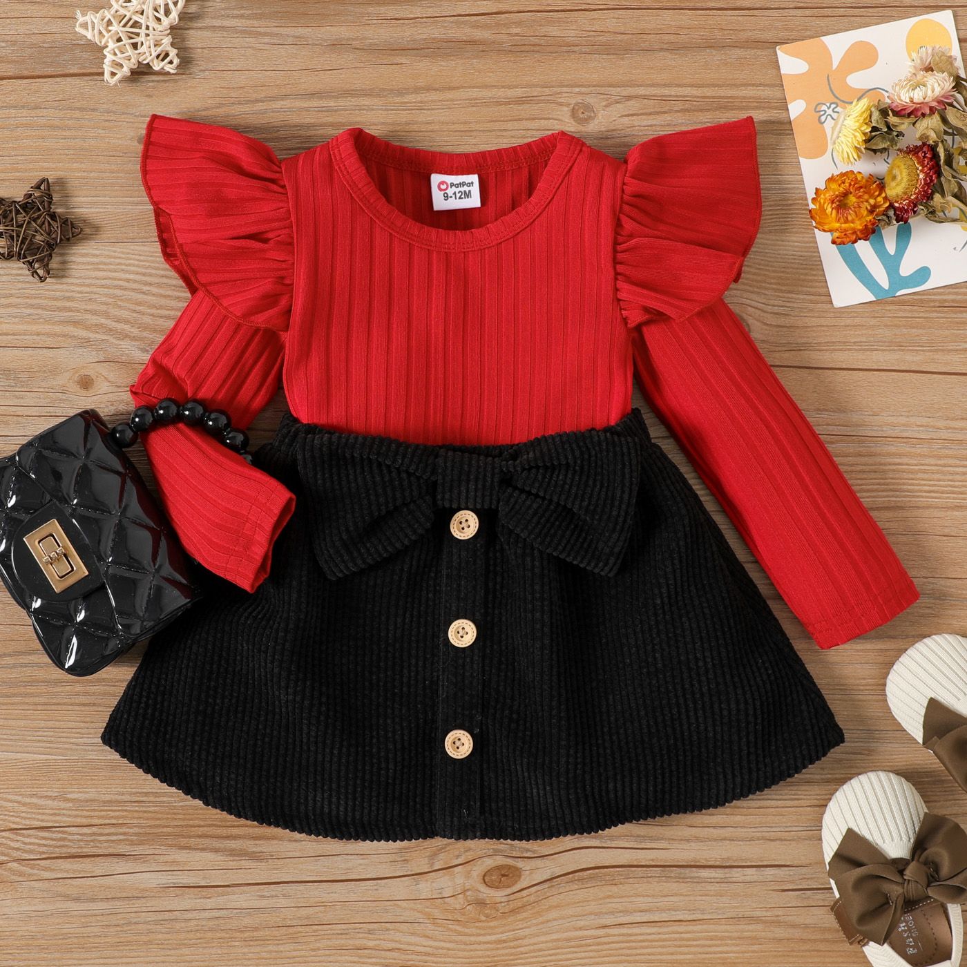 2pcs Baby Girl Rib Knit Ruffled Long-sleeve Top And Button Front Corduroy Skirt Set