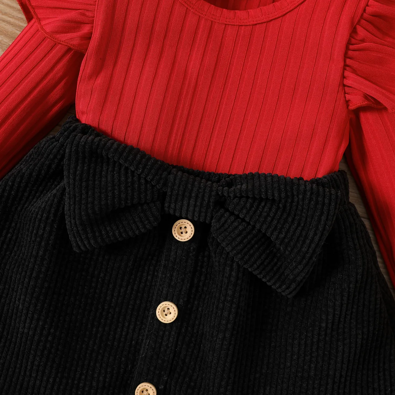 2pcs Baby Girl Rib Knit Ruffled Long-sleeve Top and Button Front Corduroy Skirt Set Red big image 1