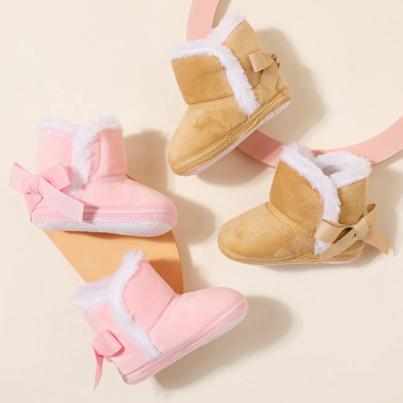 Baby / Toddler Solid Color Tie Back Breathable Fleece-lining Prewalker Shoes Pink big image 1