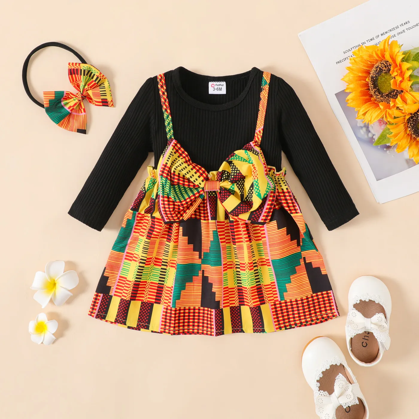 

2pcs Baby Girl Long-sleeve Faux-two Rib Knit Spliced Geo Print Bow Front Dress with Headband Set