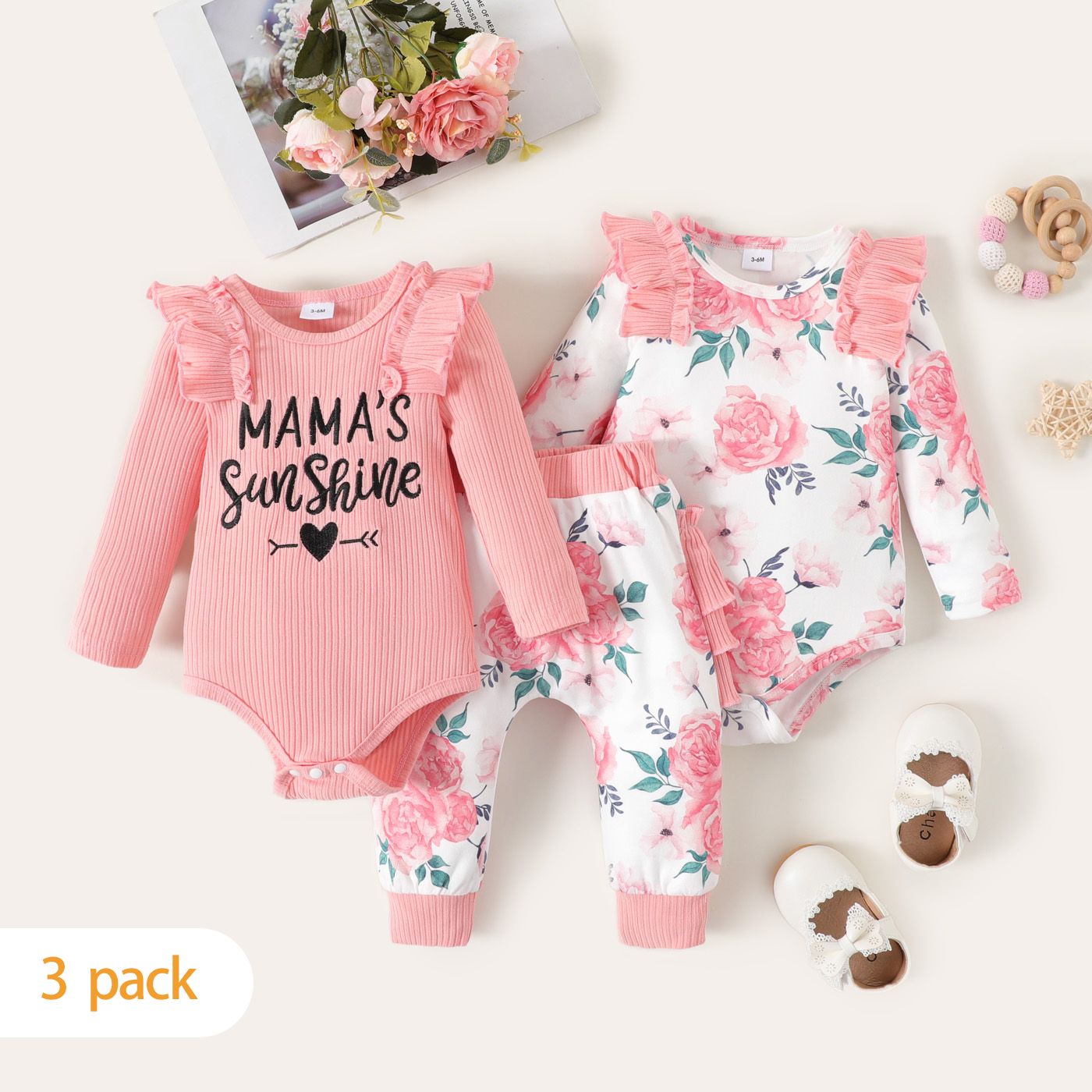 

3-Pack Baby Girl 95% Cotton Rib Knit and Floral Print Ruffle Trim Long-sleeve Rompers with Pants Set