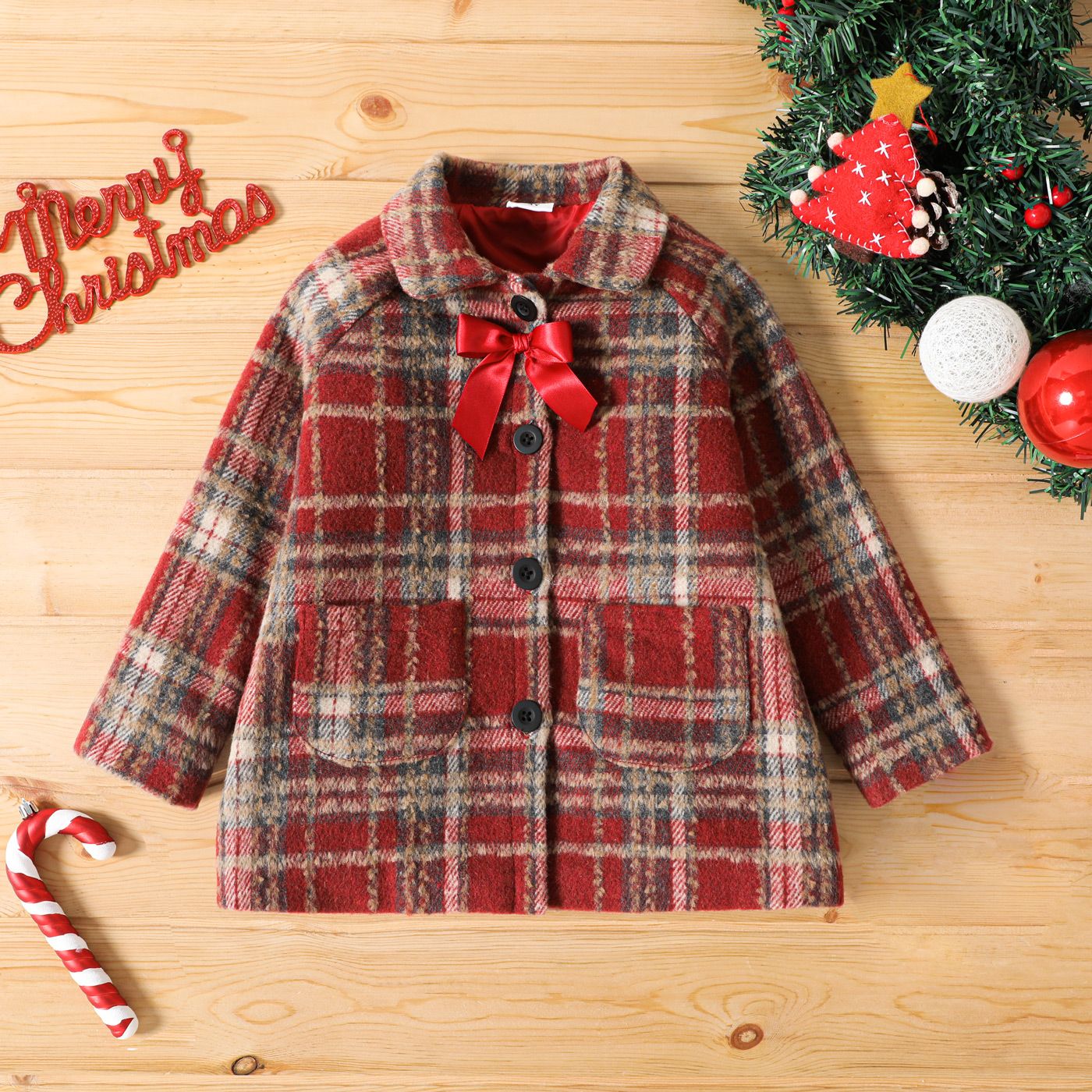 

Toddler Girl Christmas Plaid Bowknot Design Lapel Collar Coat