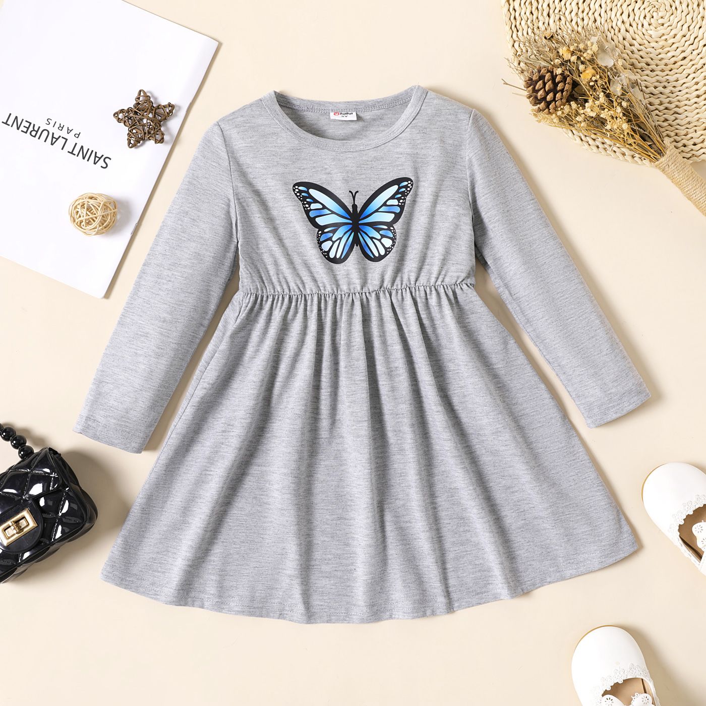 

Toddler Girl Butterfly Print Waisted Long-sleeve Dress