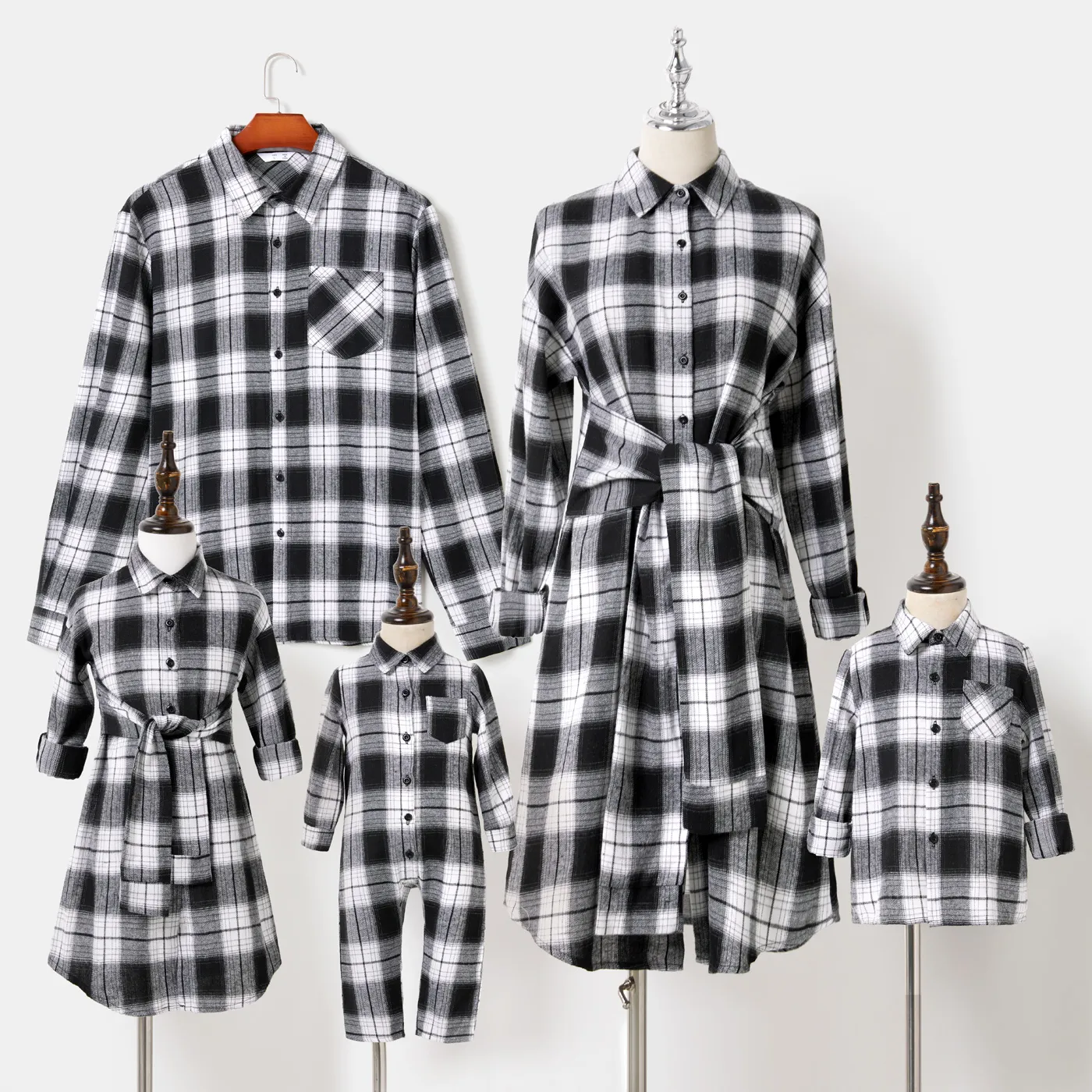 

Family Matching Long-sleeve White & Black Plaid Button Up Shirts and Dresses Sets