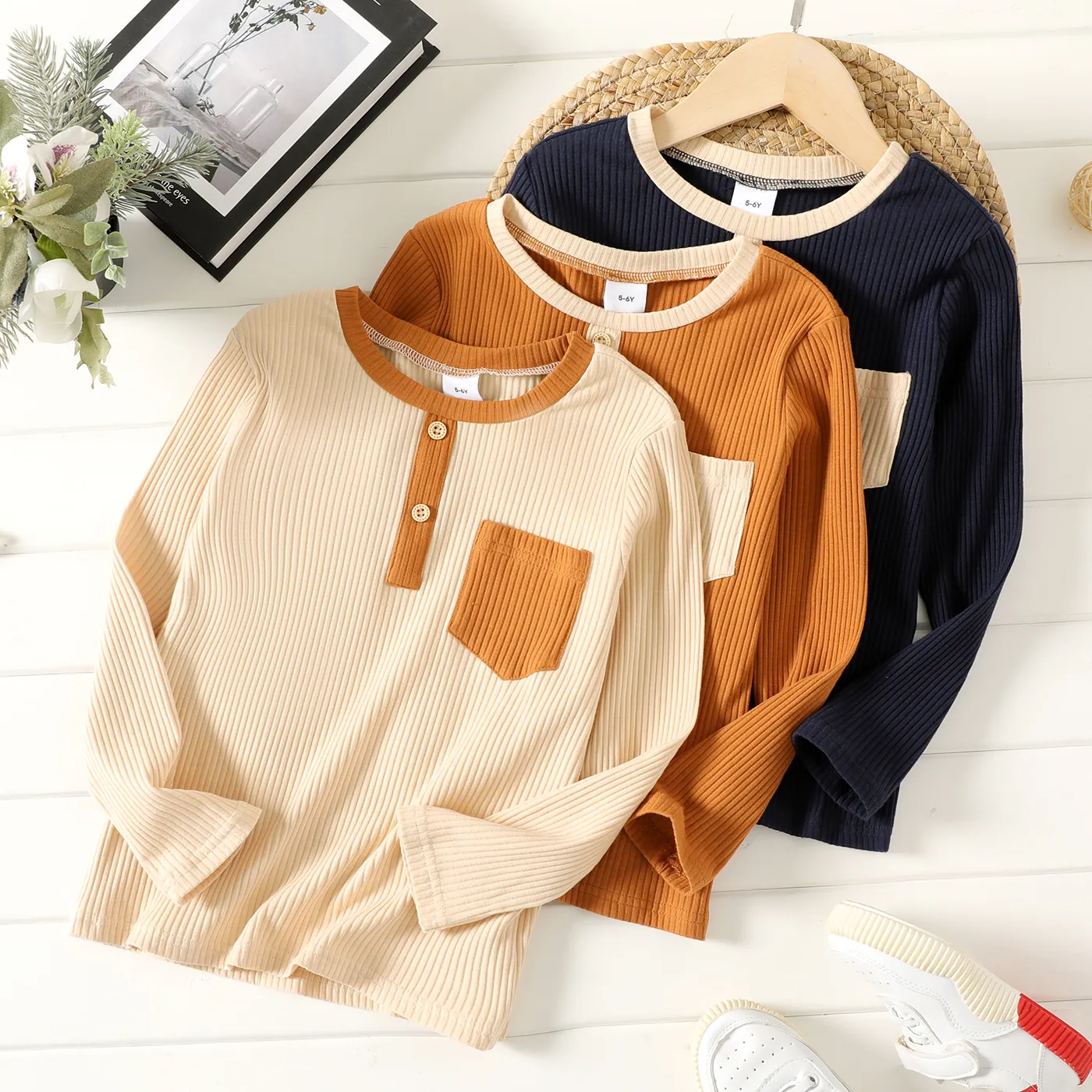 Kid Boy Colorblock Pocket Design Ribbed Long-sleeve Cotton Tee