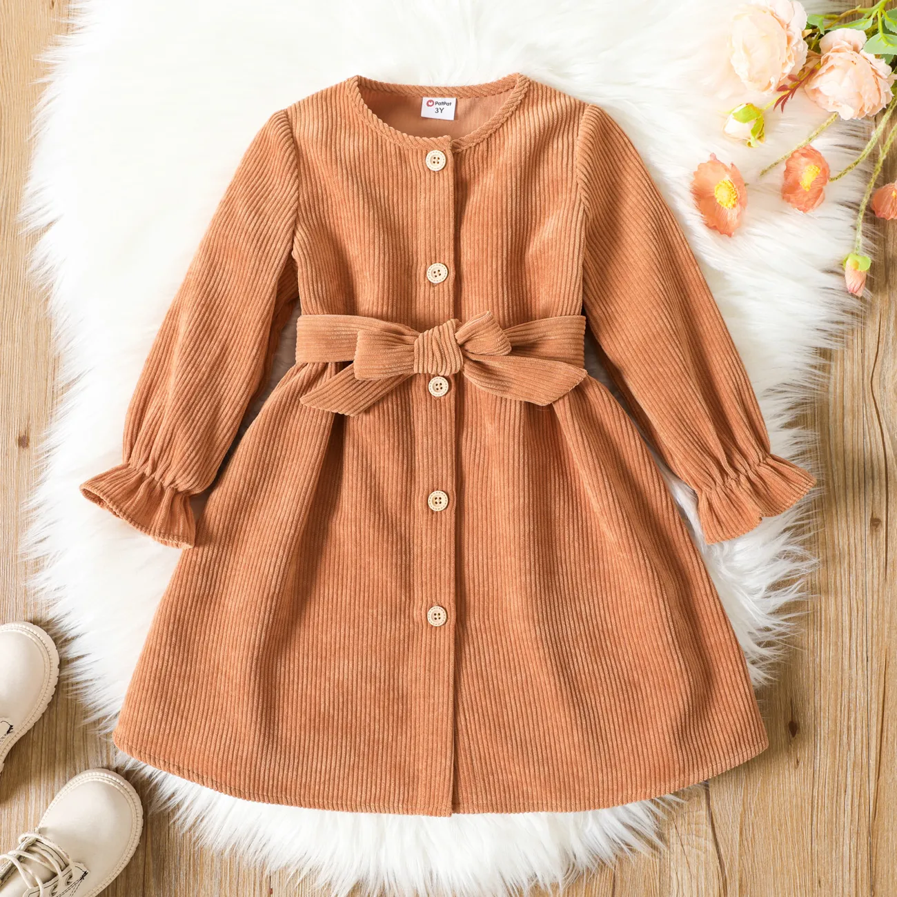 Toddler Girl Solid Color Button Design Belted Long-sleeve Dress YellowBrown big image 1