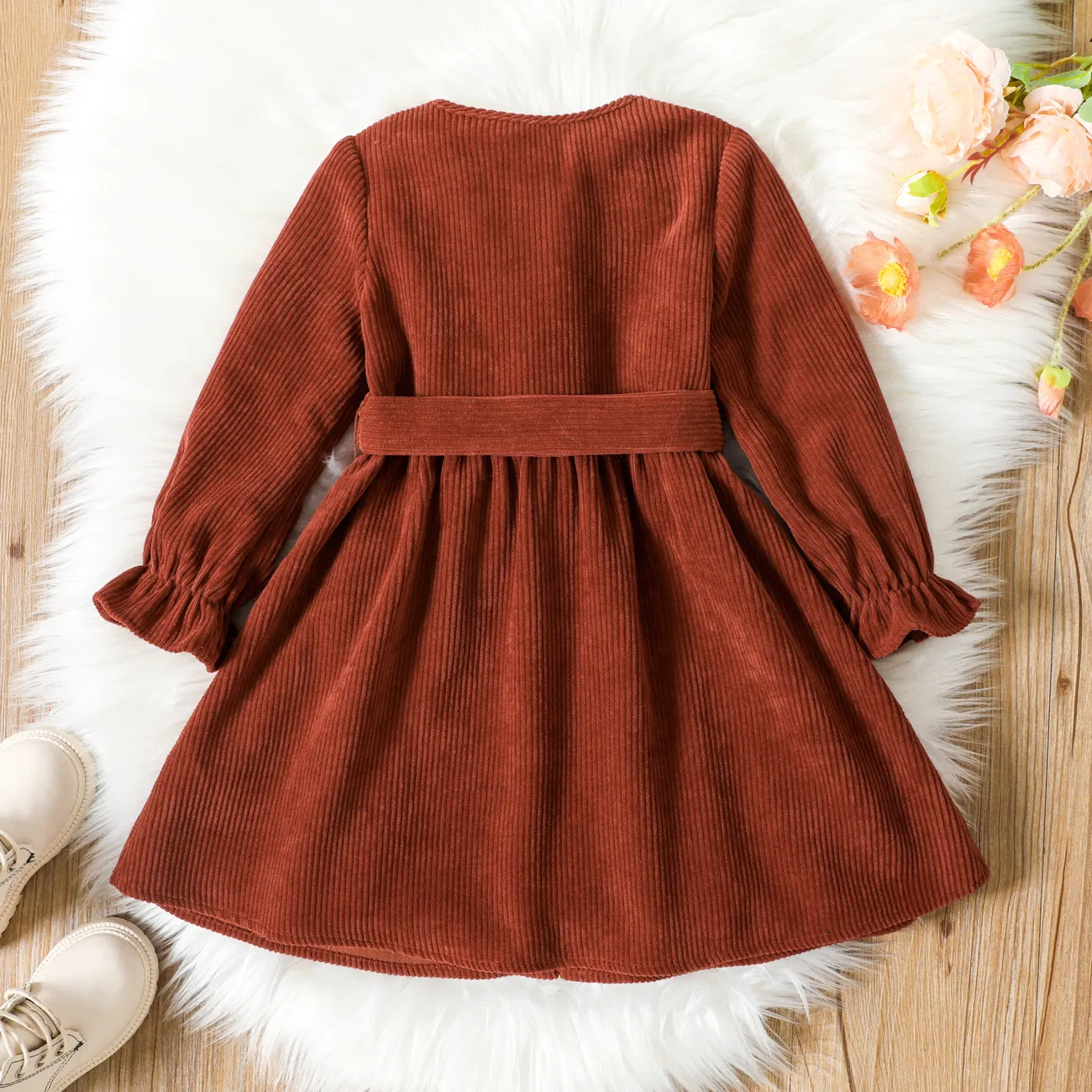 Toddler Girl Solid Color Button Design Belted Long-sleeve Dress RustRed big image 1