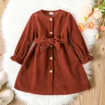 Toddler Girl Solid Color Button Design Belted Long-sleeve Dress RustRed