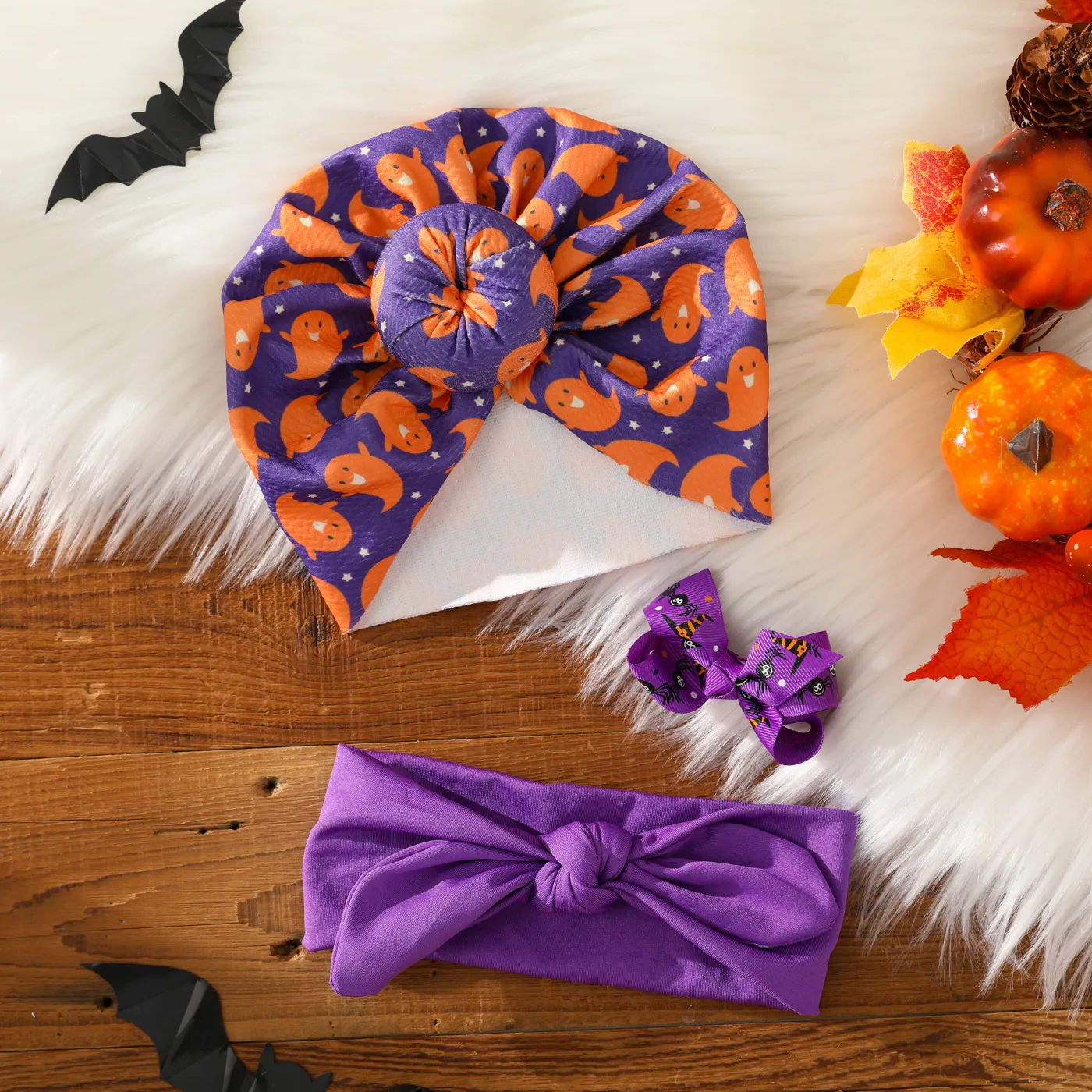 3-pack Halloween Turban Hat & Headband & Hair Clip (Pattern Position Random) Purple