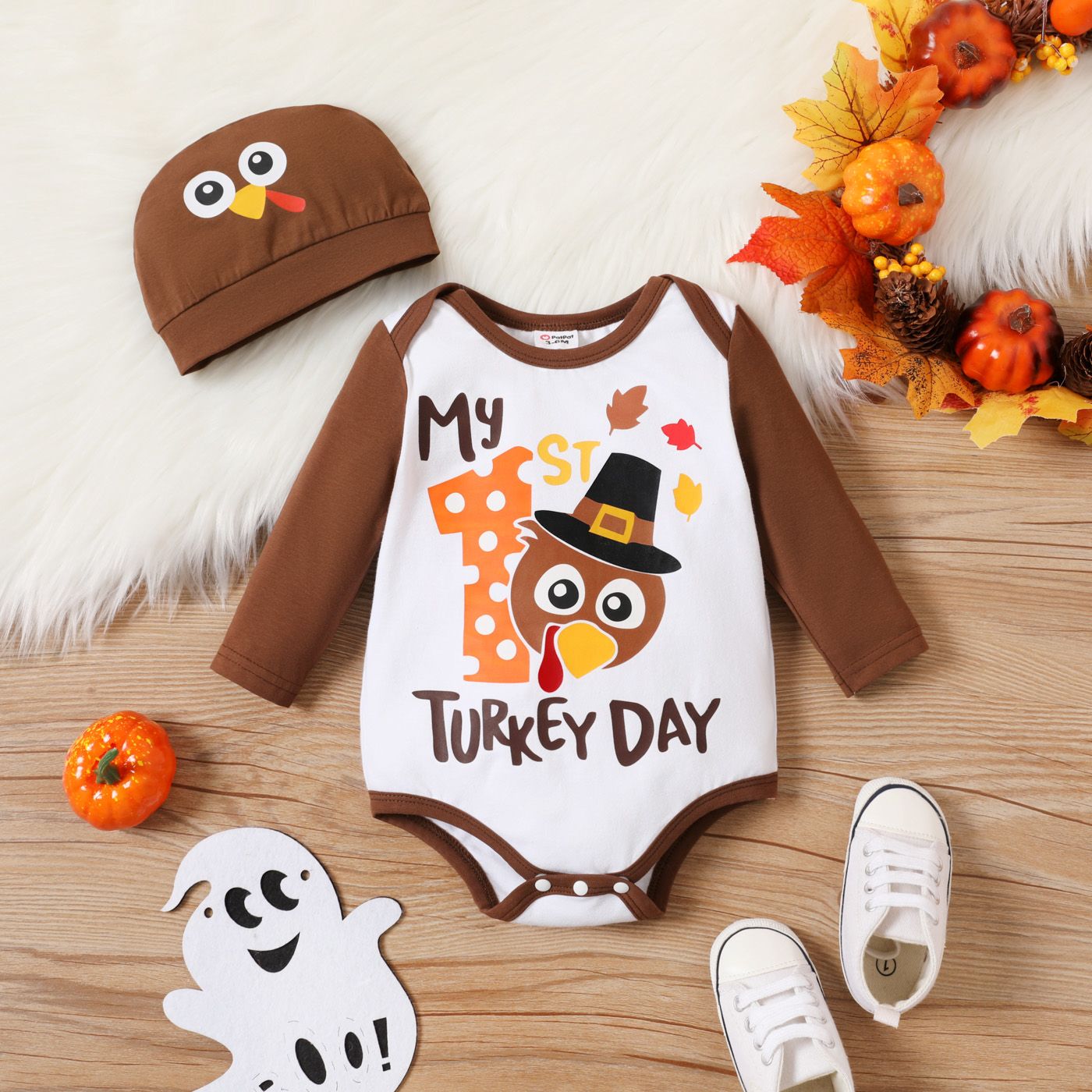 

Thanksgiving Day 2pcs Baby Boy 95% Cotton Long-sleeve Turkey & Letter Print Romper with Hat Set