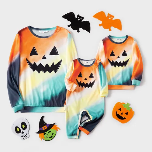 Halloween Pumpkin Face Print Rainbow Ombre Long-sleeve Sweatshirts for Mom and Me