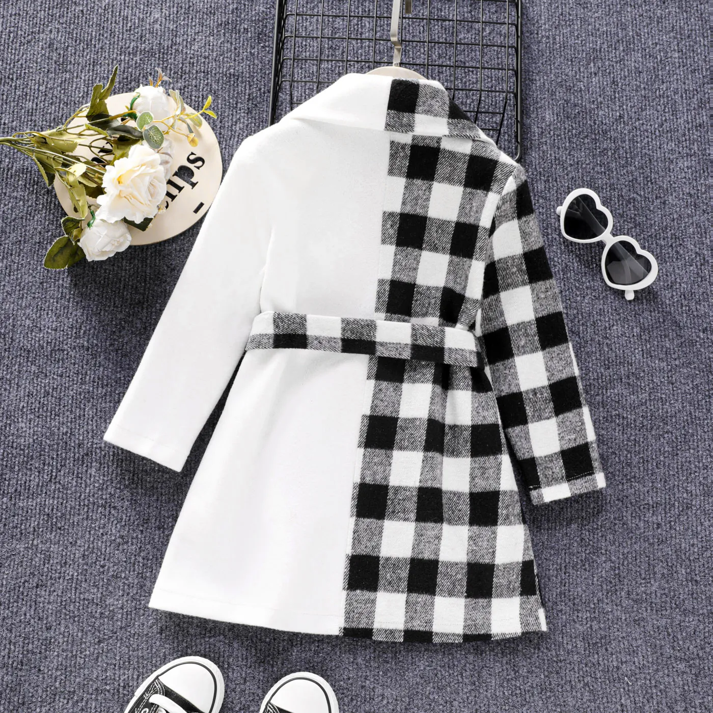 Toddler Girl Plaid Splice Colorblock Lapel Collar Belted Coat  image 2