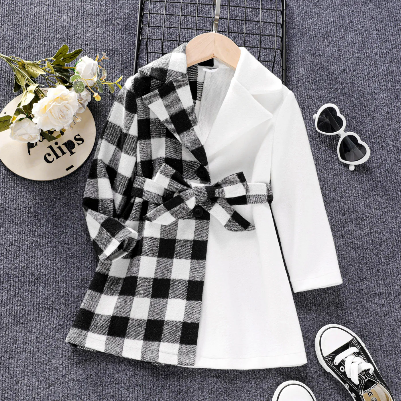 Toddler Girl Plaid Splice Colorblock Lapel Collar Belted Coat  big image 1