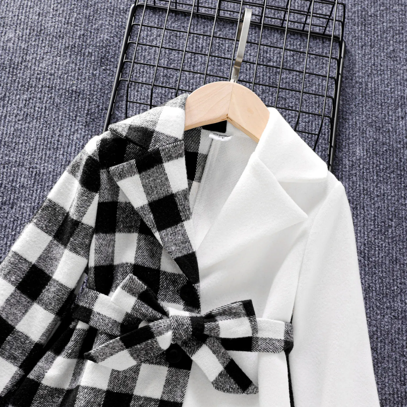 Toddler Girl Plaid Splice Colorblock Lapel Collar Belted Coat  image 5