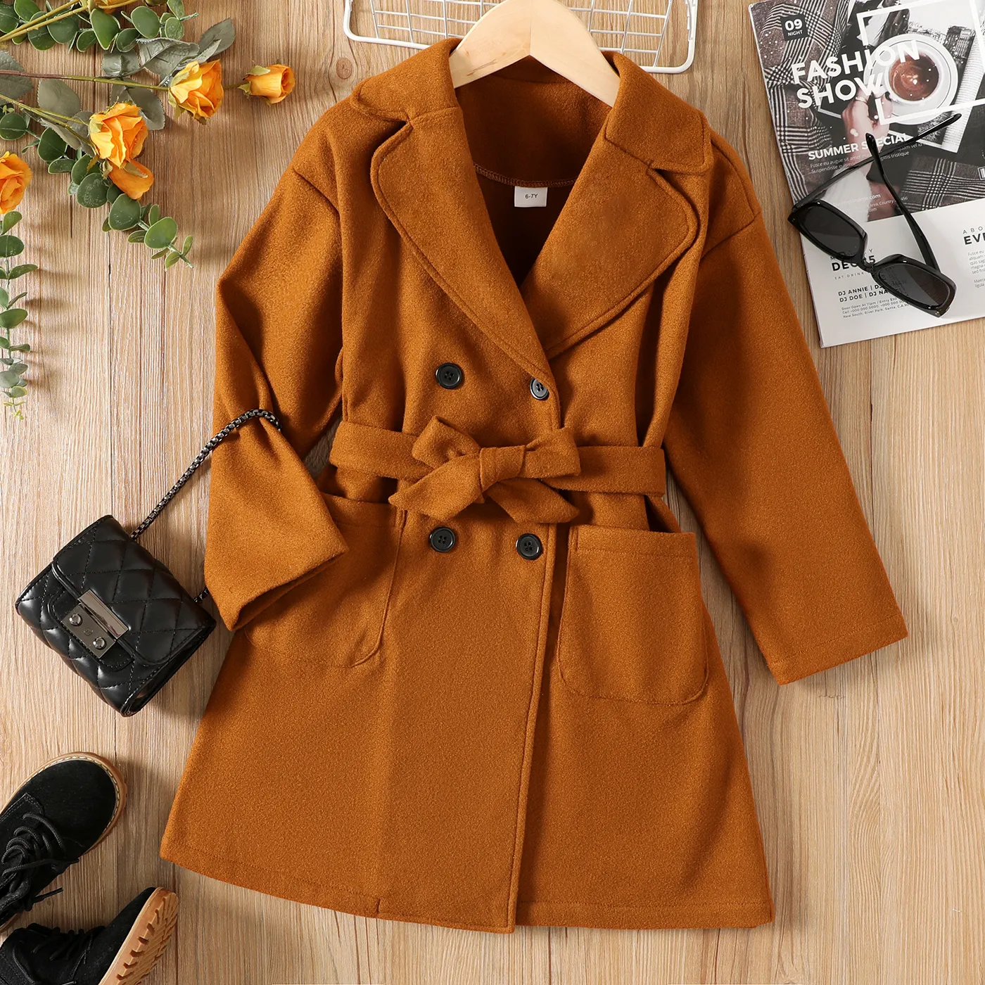Kid Girl Lapel Collar Double Breasted Broen Blend Coat