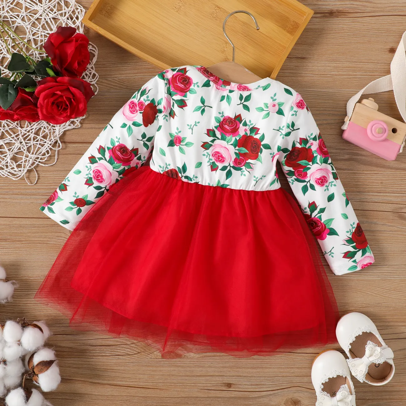 Baby Girl Allover Rose Floral Print Long-sleeve Spliced Bow Front Mesh Dress Red-2 big image 1