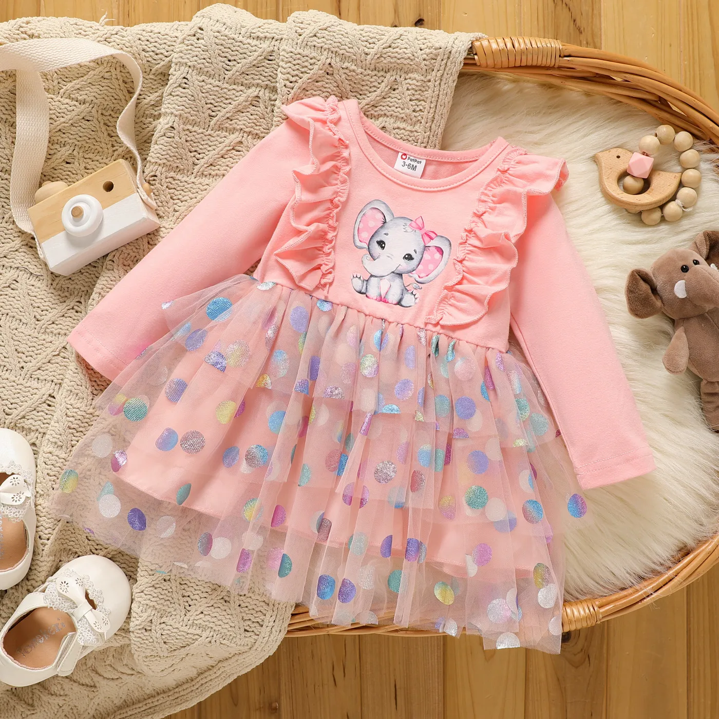 

Baby Girl 95% Cotton Long-sleeve Elephant Print Ruffle Trim Spliced Glitter Polka Dots Mesh Dress