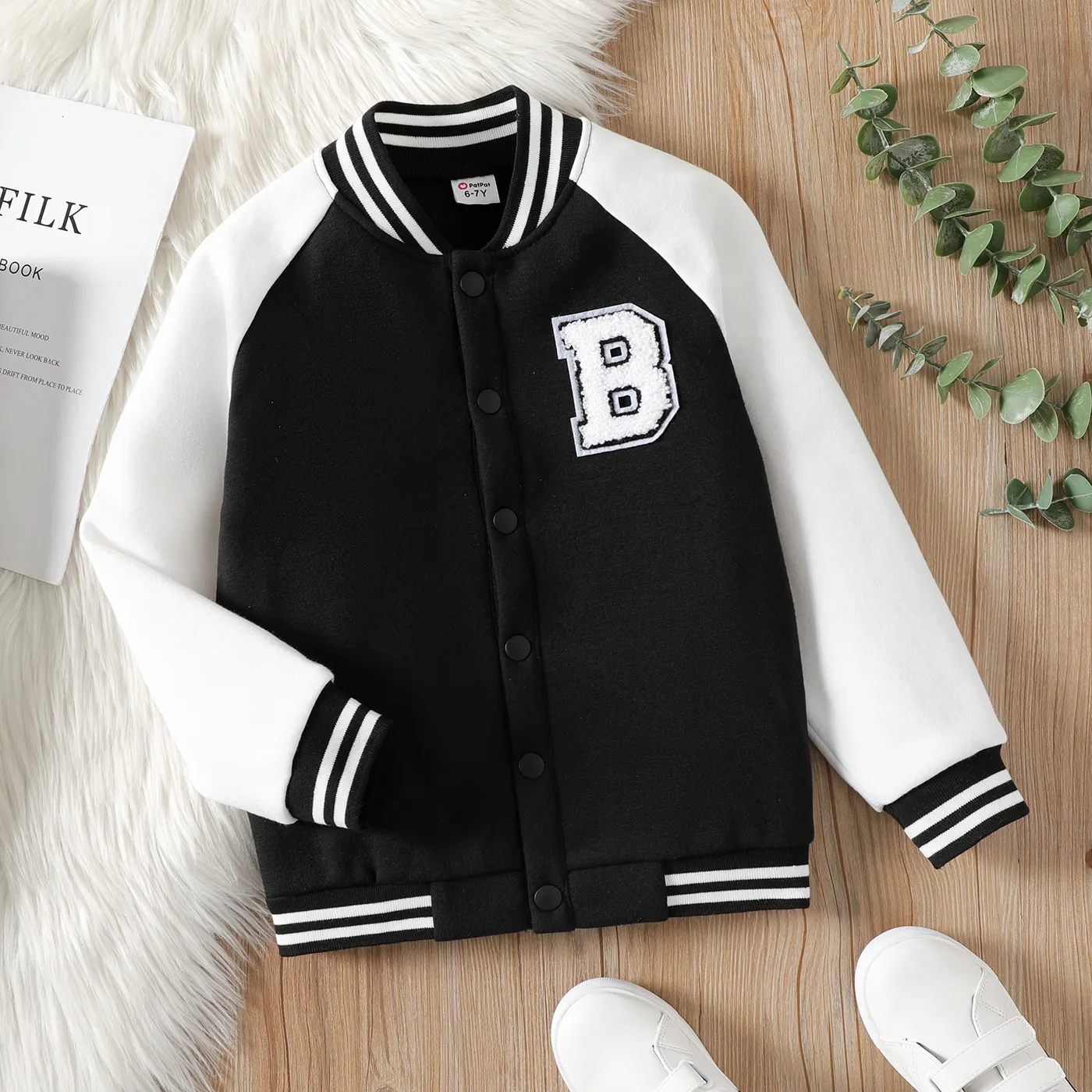 Kid Boy/Kid Girl Letter Embroidered Striped Button Design Bomber Jacket