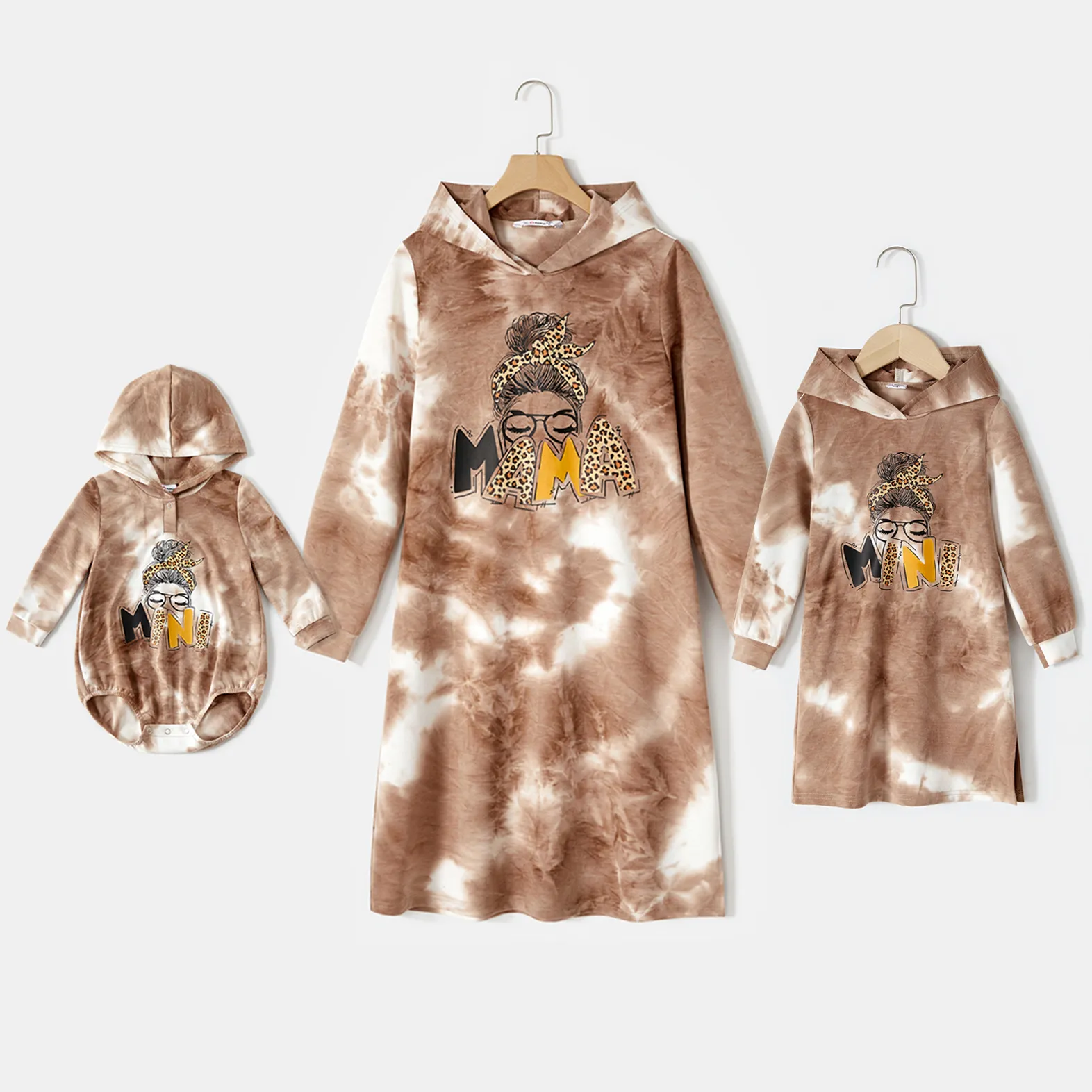 

Mommy and Me Leopard Figure & Letter Print Long-sleeve Brown Tie Dye Hoodie Dress