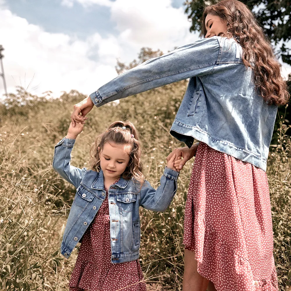 Light Blue Letter Design Long-sleeve Distressed Denim Jacket for Mom and Me big image 4