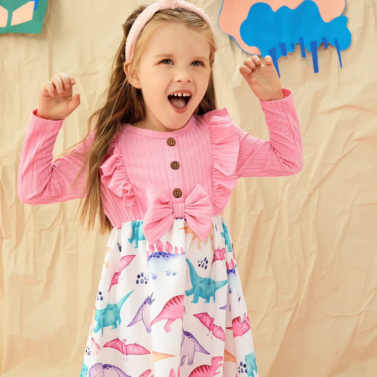 Toddler Girl Dinosaur Print Splice Ruffled Bowknot Design Long-sleeve Dress pink- big image 1