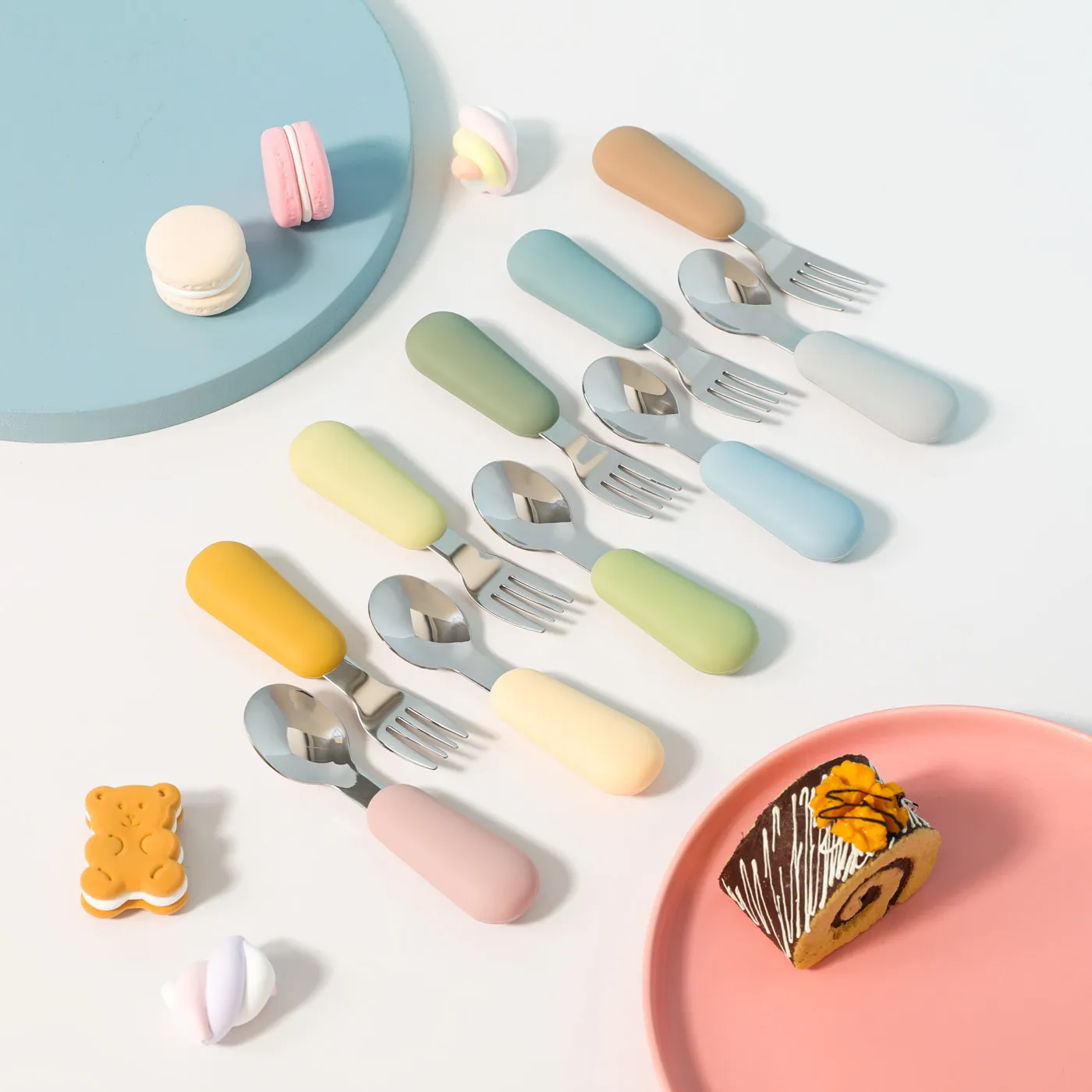 Stainless Steel Spoon Fork Set Silicone Handle Toddler Feeding Dinnerware Utensils Set