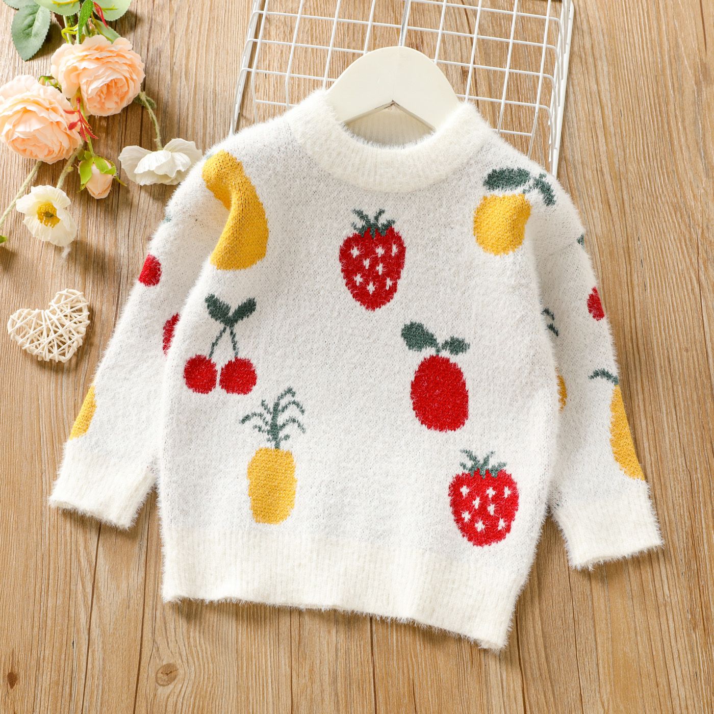 

Toddler Girl Fruit Pattern White Knit Sweater