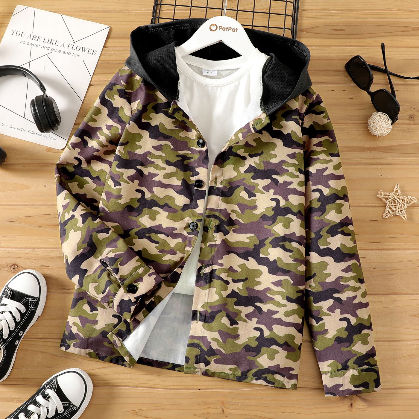

Kid Boy Camouflage Print Button Design Hooded Cotton Long-sleeve Shirt