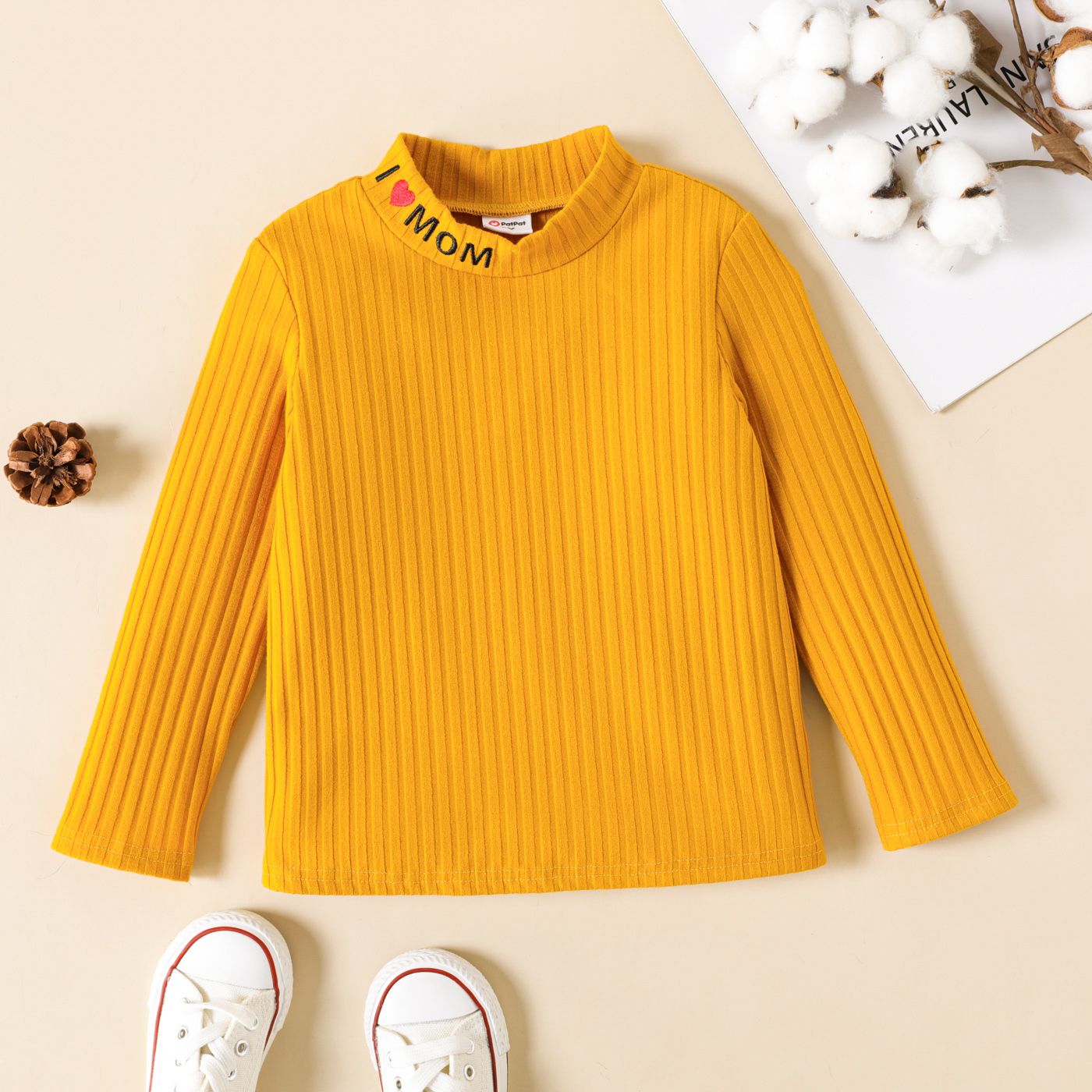

Toddler Girl Solid Color Letter Embroidered Mock Neck Long-sleeve Tee
