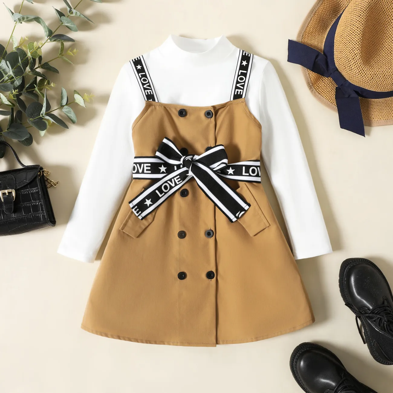2-piece Toddler Girl Solid Long-sleeve Top and Double Breasted Dress Set Khaki big image 1