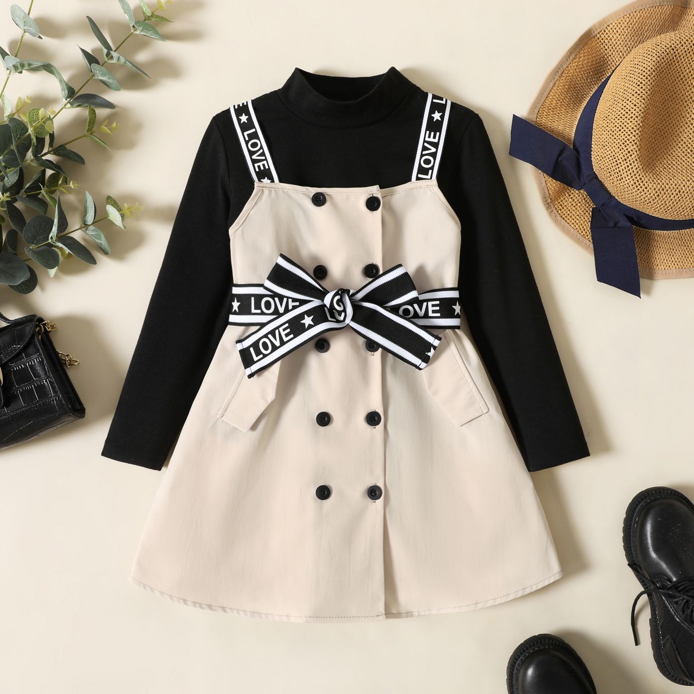 2-piece Toddler Girl Solid Long-sleeve Top And Double Breasted Dress Set