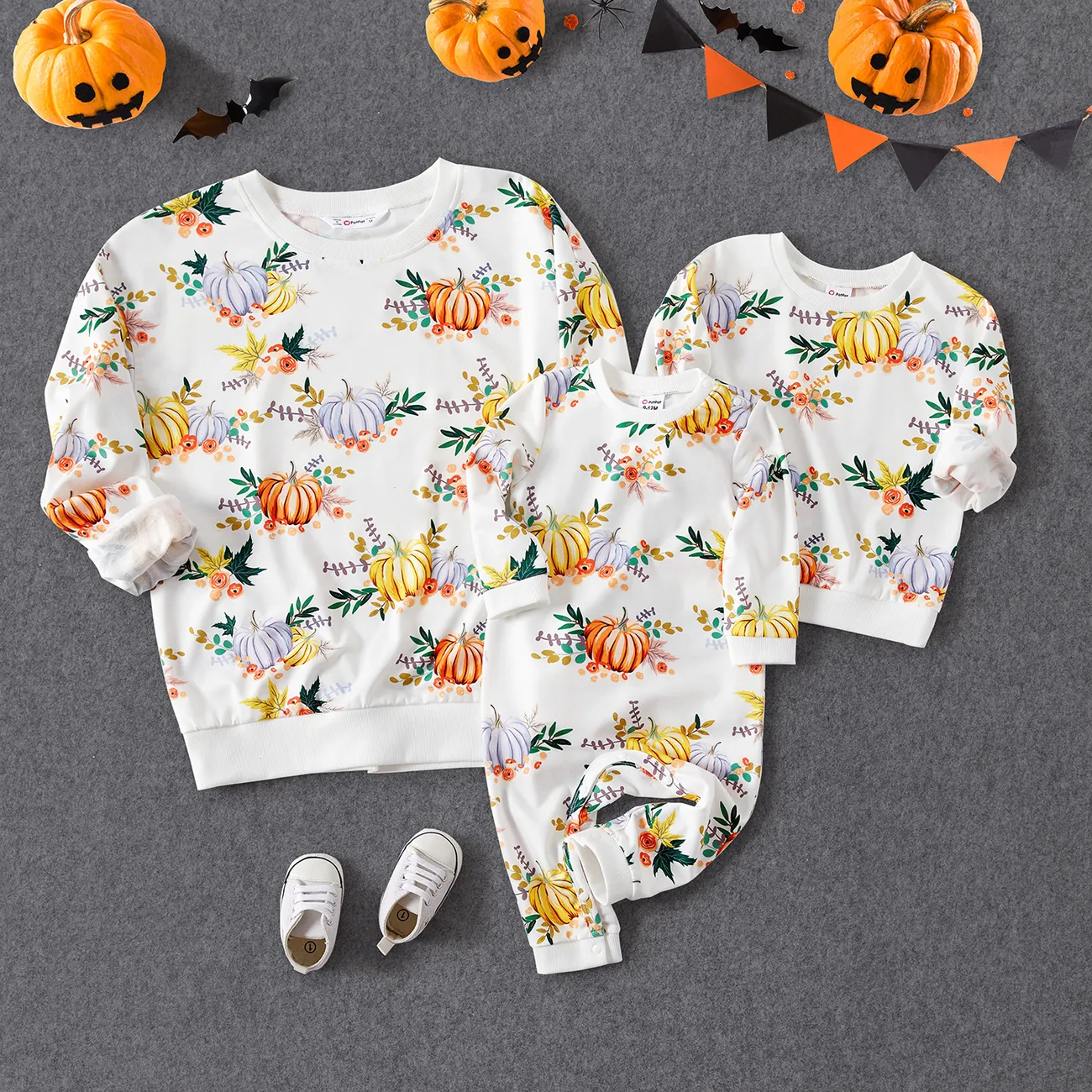 Halloween Allover Pumpkin Print Long-sleeve Pullover Sweatshirts for Mom and Me Colorful big image 1