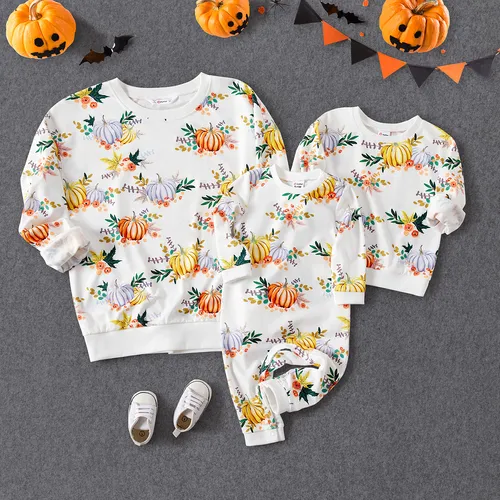 Halloween Allover Pumpkin Print Long-sleeve Pullover Sweatshirts for Mom and Me