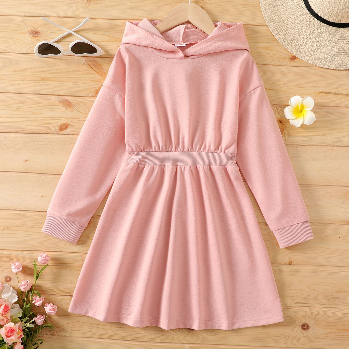 

Kid Girl Waisted Pink Hooded Sweatshirt Dress