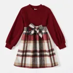 Family Matching Solid Ribbed Spliced Plaid Belted Dresses and Long-sleeve Button Up Shirts Sets MAROON image 6