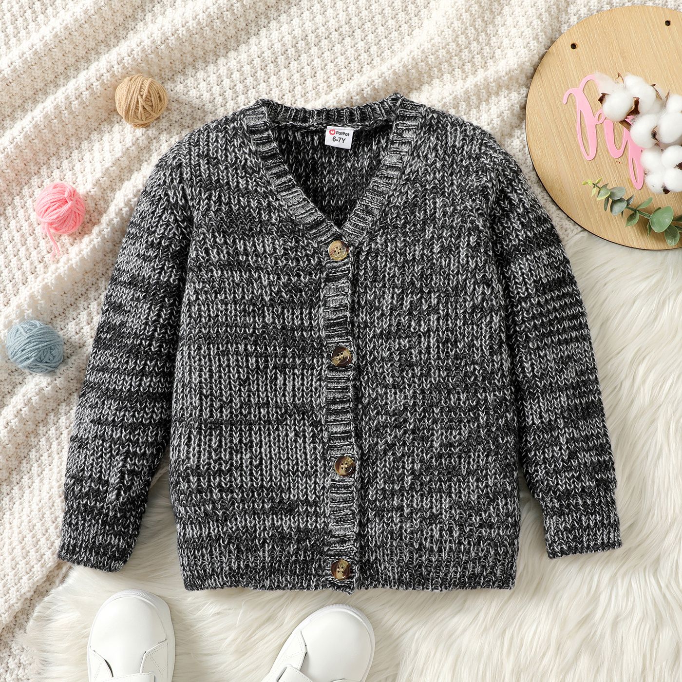 

Kid Girl Button Design Solid Color Knit Sweater Cardigan