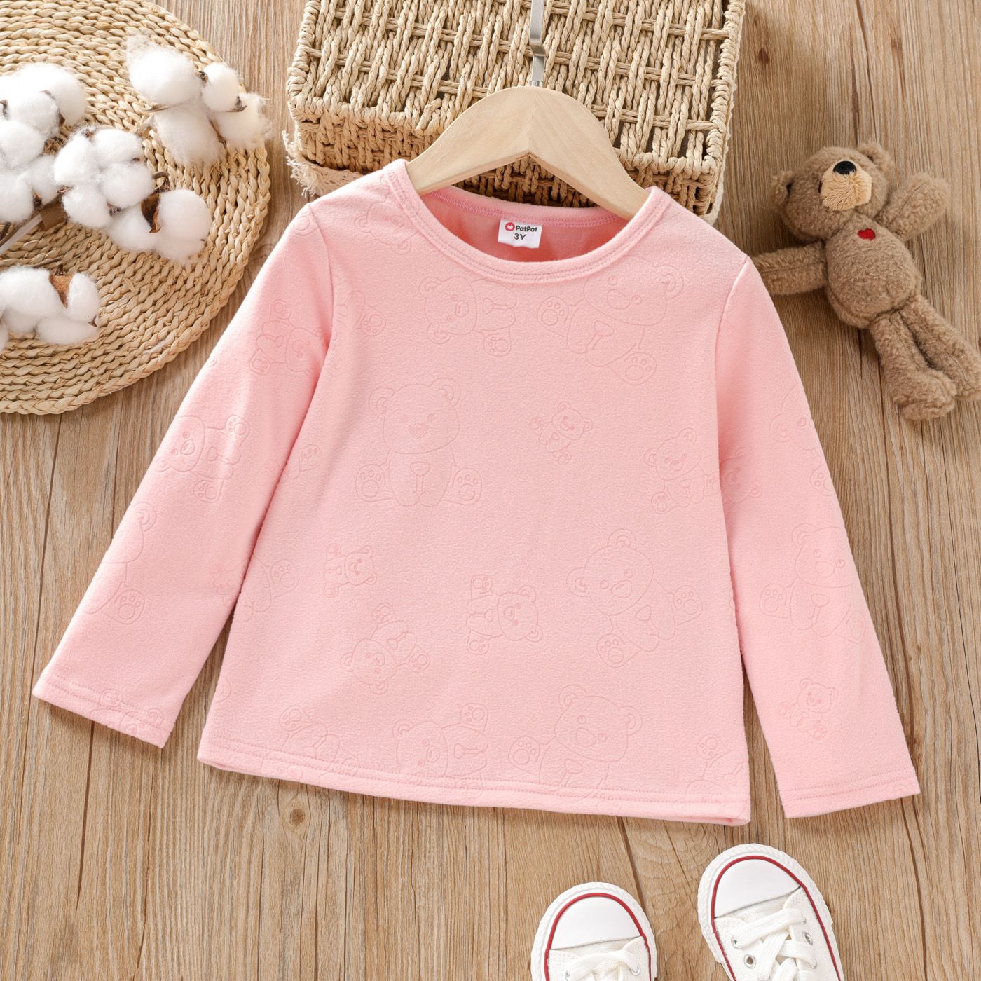 

Toddler Girl Bear Pattern Long-sleeve Solid Color Tee