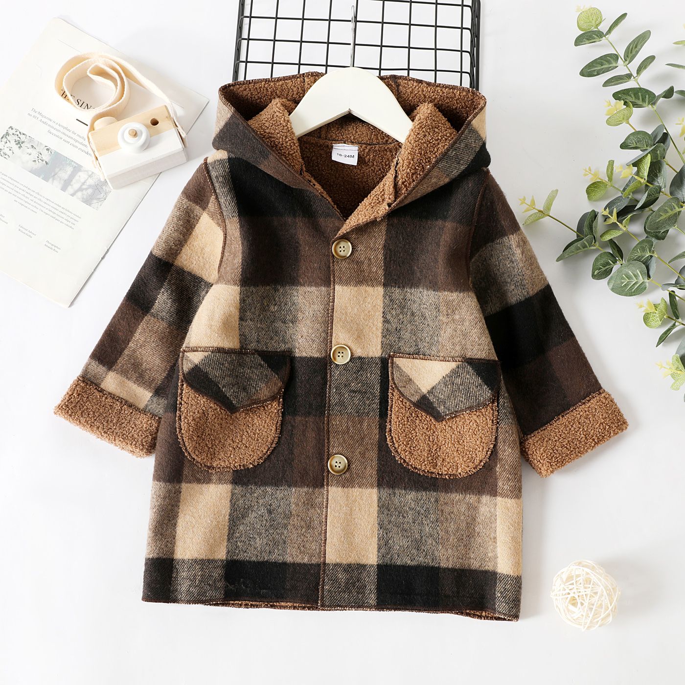 Toddler Boy Classic Plaid Fleece Lined Button Design Hooded Overcoat