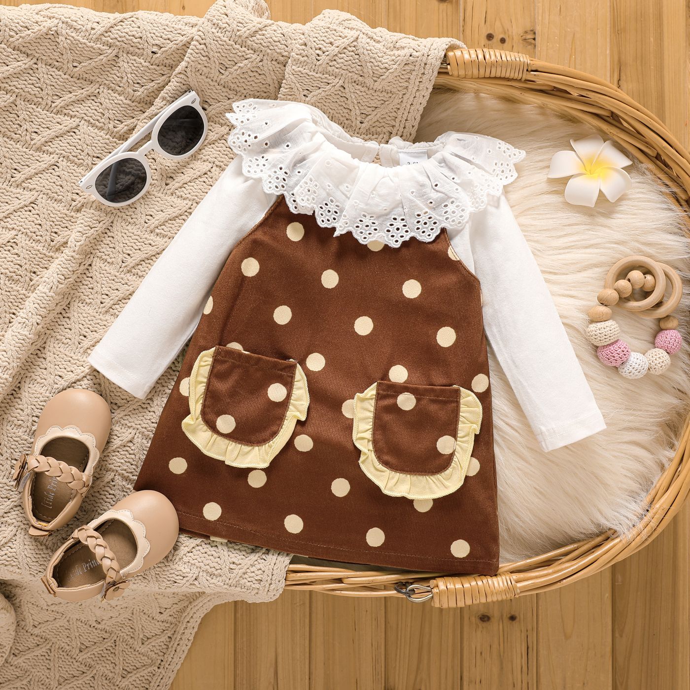 

2pcs Baby Girl 95% Cotton Long-sleeve Ruffle Collar Top and Polka Dot Print Overall Dress Set