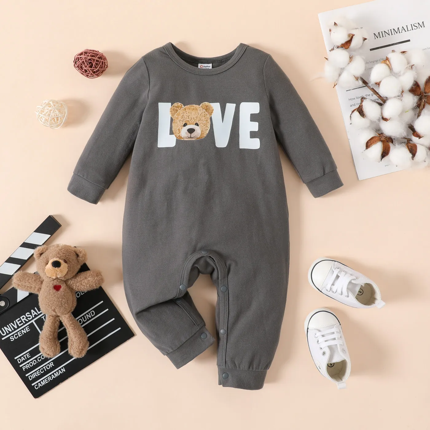 Baby Boy 95% Cotton Long-sleeve Bear & Letter Print Grey Long-sleeve Jumpsuit  big image 1