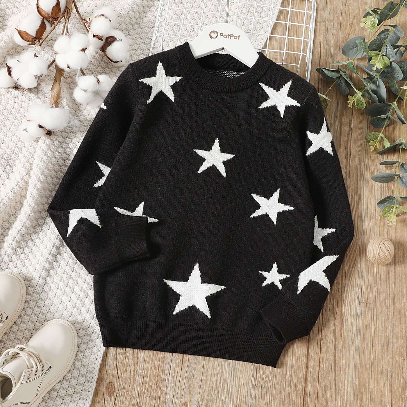 

Kid Boy/Kid Girl Star Pattern Black Knit Sweater