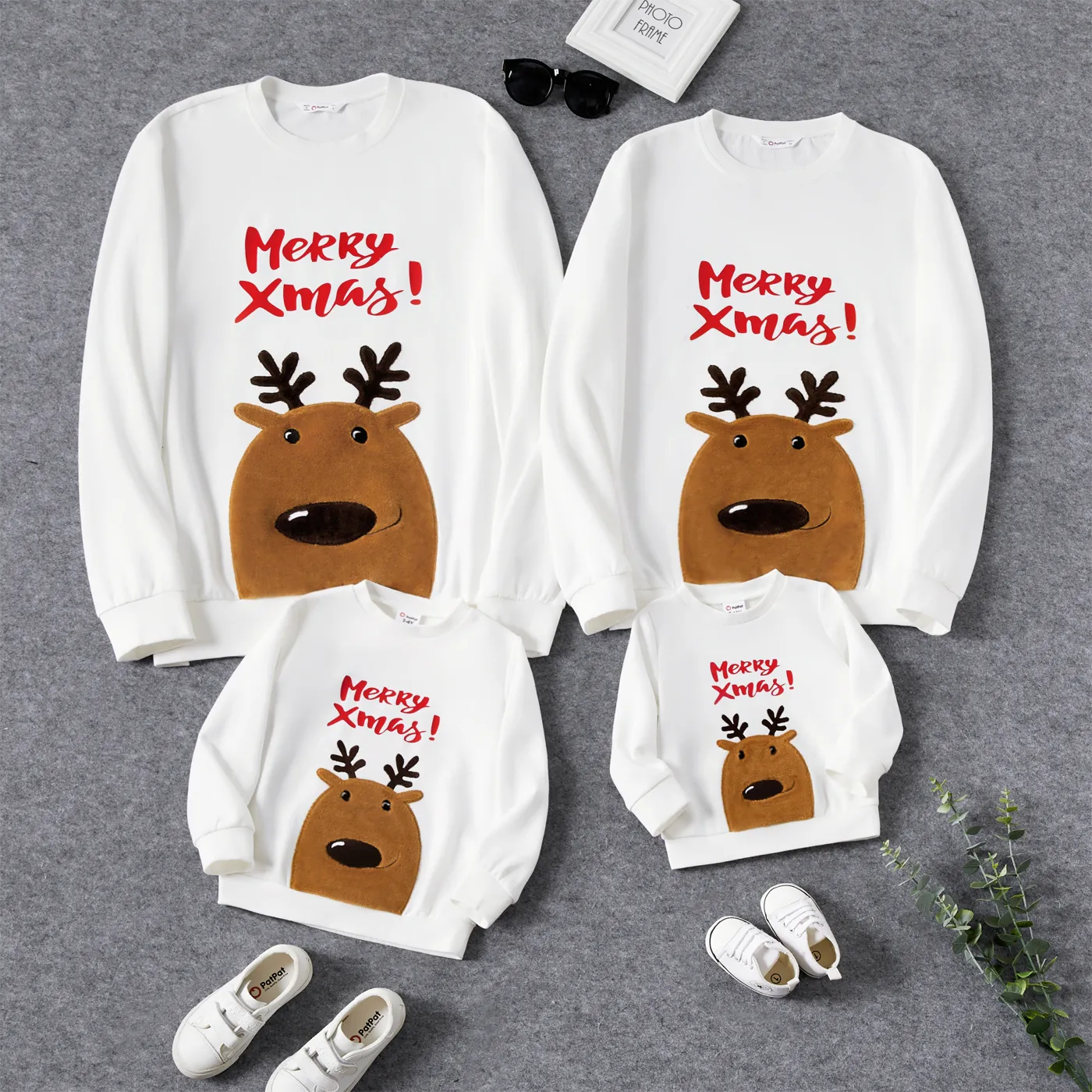 Christmas Family Matching Deer Embroidered Letter Print White Long-sleeve Sweatshirts White image 2
