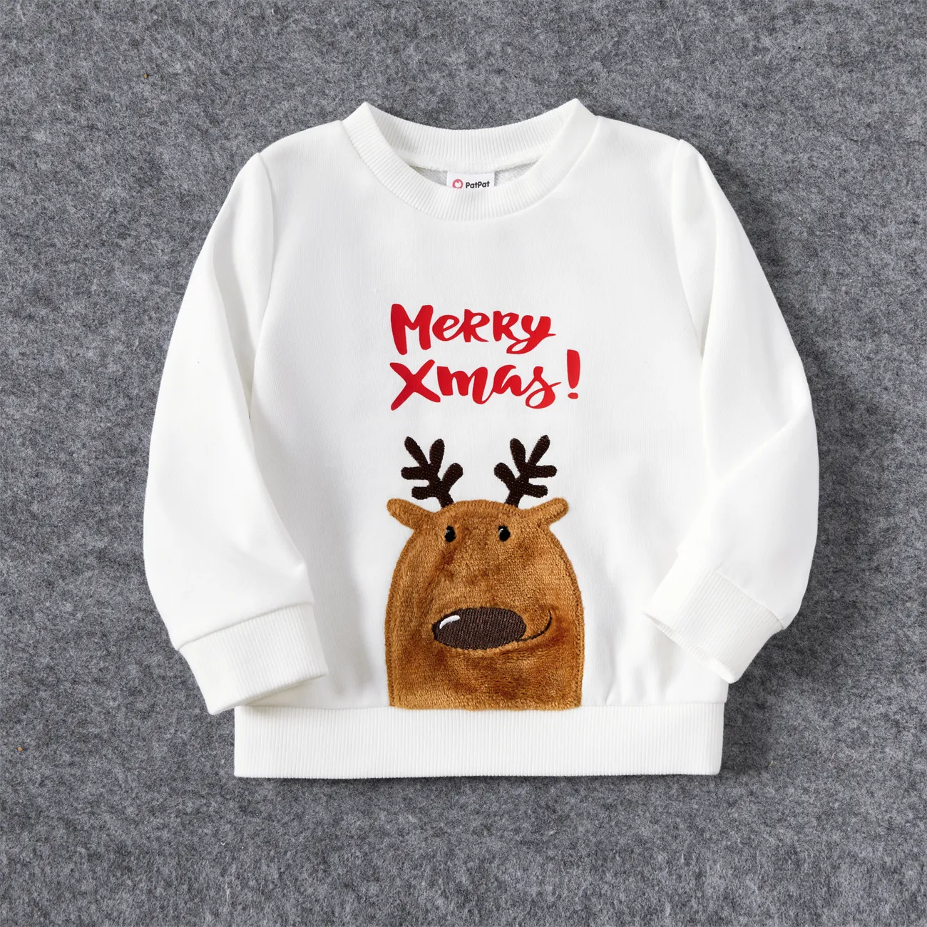 Christmas Family Matching Deer Embroidered Letter Print White Long-sleeve Sweatshirts White big image 1