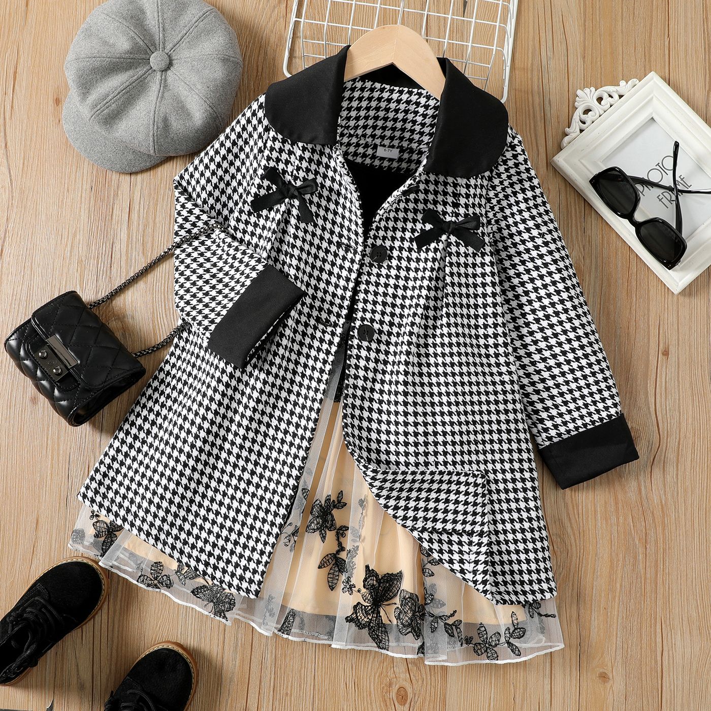 

Kid Girl Bowknot Design Lapel Collar Houndstooth Coat