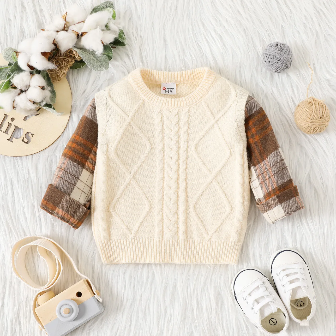 Baby Boy Plaid Long-sleeve Spliced Cable Knit Pullover Sweater Beige image 6