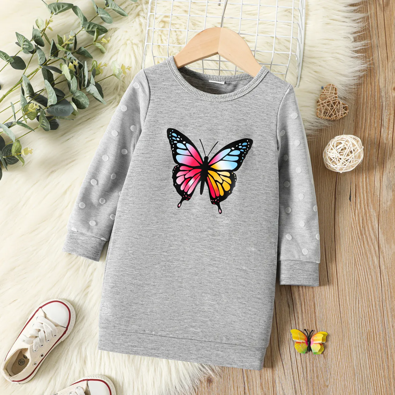 Toddler Girl Butterfly Polka Dots Mesh Layered Long-sleeve Grey Dress Flecked grey big image 1